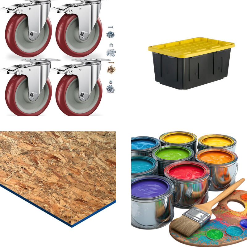 2x2 Plus 4x4 bins This picture includes a neatly organized basement laundry area that features two wooden bin storage units. One of them is holding 4 black and yellow storage bins, the other is holding 16. Text on the image says: "...to this"